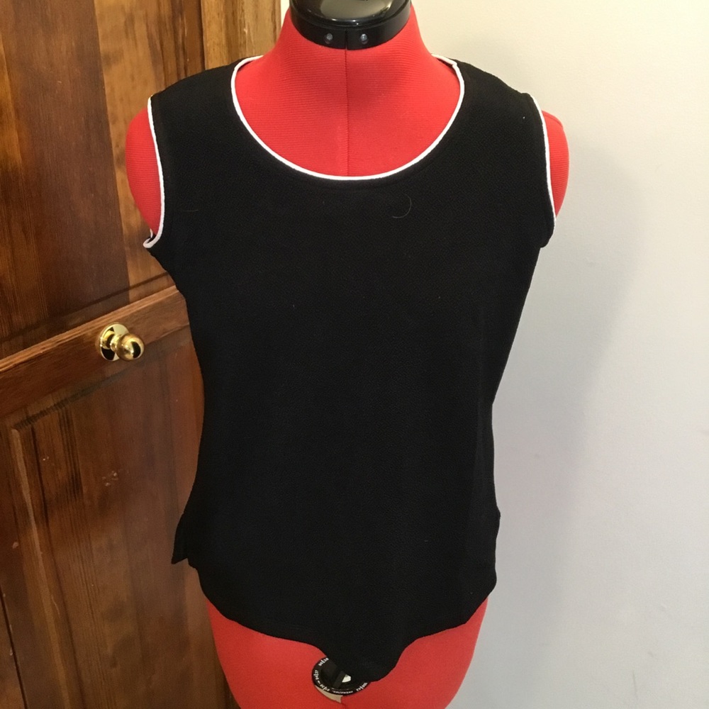 Studio Works sleeveless blouse, S, white piping trim, stretch, acetate/poly